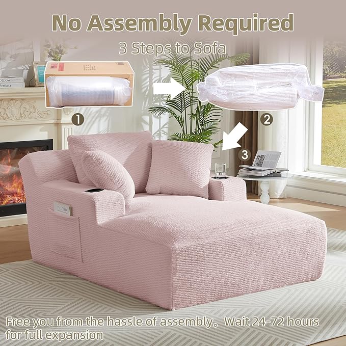 Oversized Chaise Lounge Chair - Upholstered Couch Cloud Boneless ChairDeep Seat Sleeper Sofa with Cup Holders and Side PocketsComfy Reading Chair for Living Room (Pink)