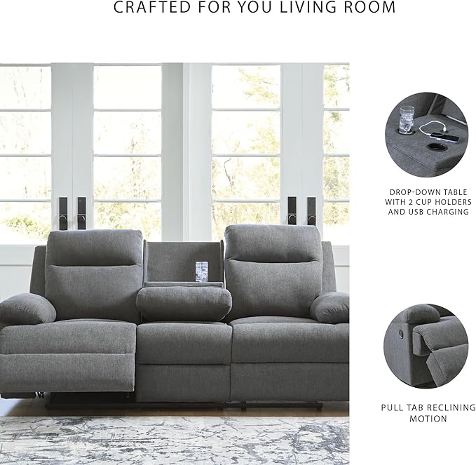 Signature Design by Ashley Yarrow Lane Classic Chenille Manual Pull Tab Reclining Sofa with Drop Down Table and USB Charging Gray