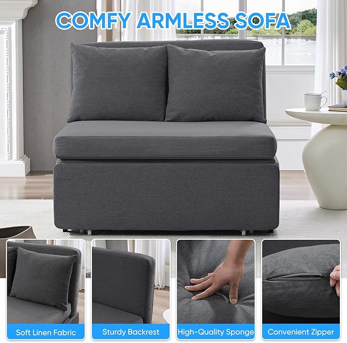 PUREMIND Twin Size Pull Out Sleeper Sofa Bed Linen Convertible Small Sofa Beds with Foldable Mattress Chair Bed Couch Pull Out Beds with 2 Cushions for Small Place Apartment Office Dark Grey