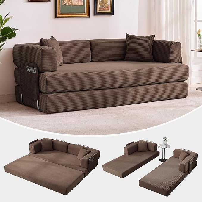 Garvee 5-in-1 Convertible Sofa Bed 78.8 Modular Corduroy Sleeper with Sturdy Frame &amp No Assembly Multi-Functional Futon for Small Space Living Room &amp Guest Room (Green) (Brown-A)