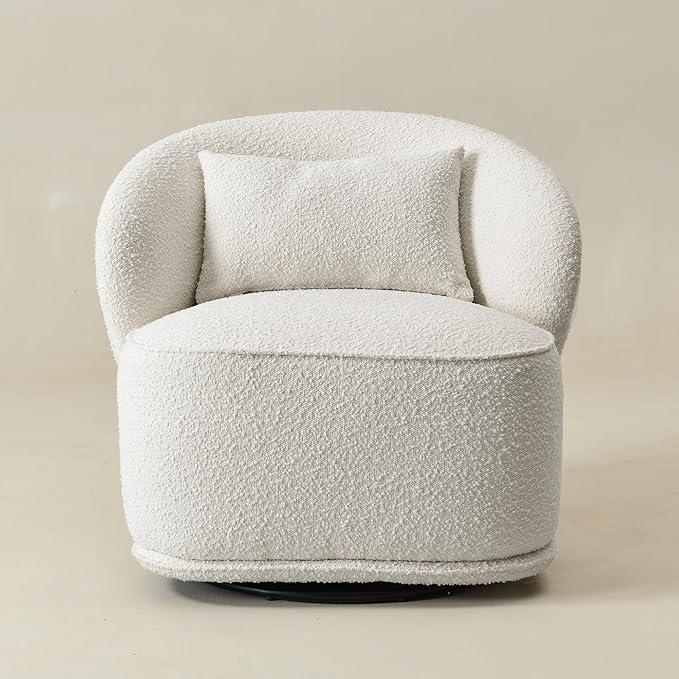 KINWELL 33 W Mid Century Modern Swivel Barrel Chair Upholstered Boucle Swivel Accent Chairs No Assembly Sofa Chair with Toss Pillow for Living Room Bedroom Reading Nursery Cream