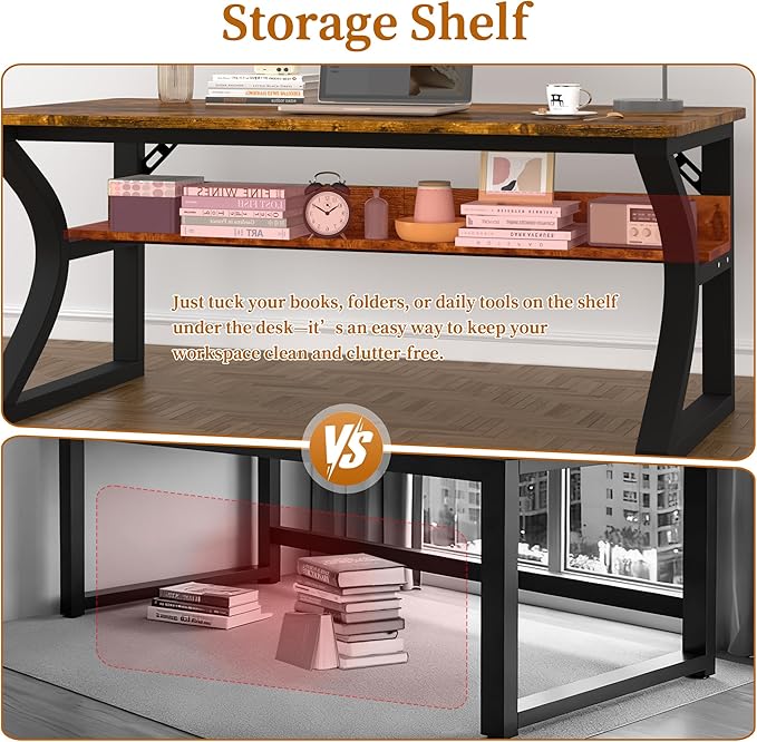 55 inch Computer Desk Home Office Desk with Storage Shelf Sturdy U-Shaped Metal Frame Study Table with Cable Management Gaming Desk for Office &amp Bedroom