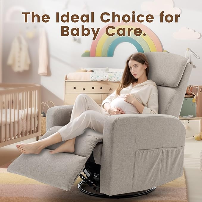 Power Swivel Recliner Chairs for Adults Electric Glider Rocking Chair Nursery Glider Recliner Nursery Chair with Classified Side Pocket Nursery Rocking Chairs with USB and Type-C Ports
