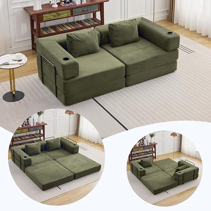 78 Loveseat Sleeper Sofa 4 in 1 Convertible Floor Sofa Bed Boneless Cloud Couch with Cup Holder Fold Out Floor Couch for Living Room Bedroom Lounge Corduroy Olive