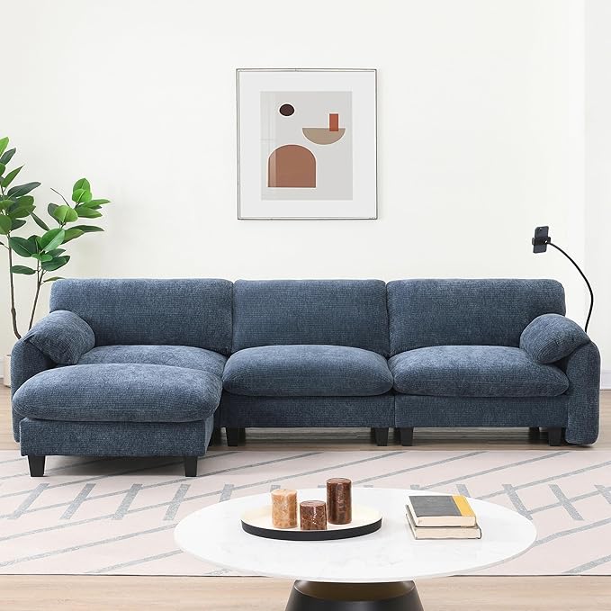 108 Modular Sectional Sofa L-Shape Upholstered Couch with Free Movement Ottoman Phone Holder and 2 Side Storage Pockets 31.5 Extra-Wide Seat Cushion Striped Chenille (Blue Gray/511)