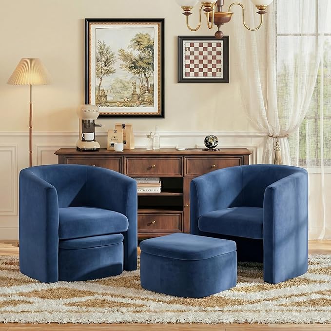 Modern Velvet Barrel Accent Chair with Storage Ottoman Space-Saving Armchair for Apartment Living/Study Room Blue