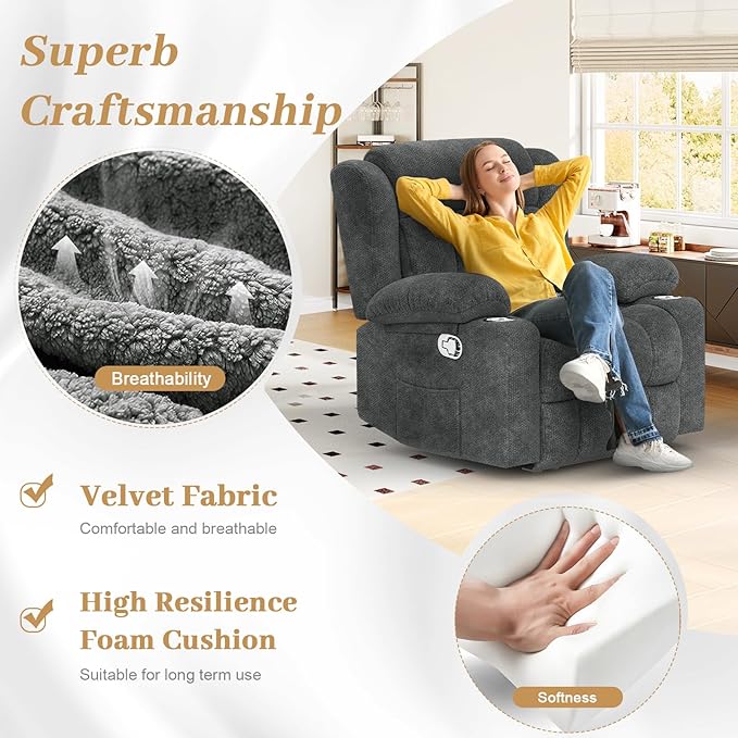 Recliner Chair for Adults Oversized Fabric Manual Pull Tab Reclining Chair with Cup Holders Minimalist Style Single Sofa for Living Room RV (Grey)