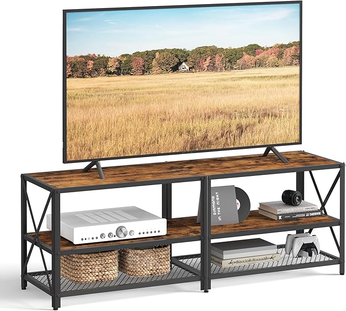 VASAGLE TV Stand TV Console for TVs Up to 65 Inches TV Table 55.1 Inches Width TV Cabinet with Storage Shelves Steel Frame for Living Room Bedroom Rustic Brown and Black ULTV094B01
