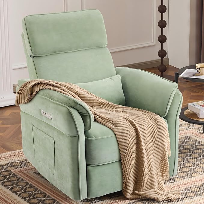MELLCOM Power Recliner Rocking Chair Nursery Gliders with Adjustable Armrests and Headrest Swivel Electric Glider Reclining Nursing Chair with USB Port and Storage Bags FSC Certified(Fabric Green)