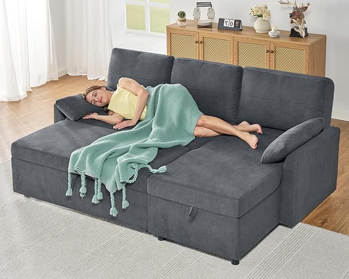 AMERLIFE Sleeper Sofa 2-in-1 Sofa Bed with Storage Chaise Pull Out Sofa Couch for Living Room Guest Room Linen Grey