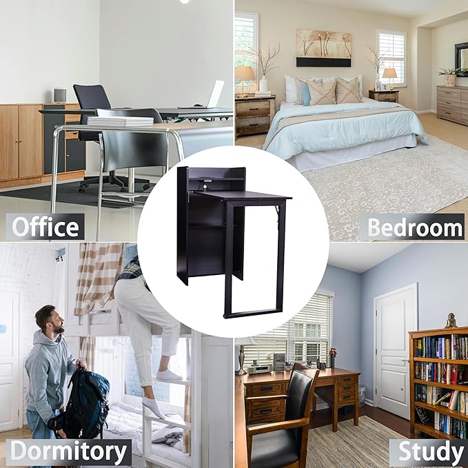 Foldable DeskHidden Desk with Storage and Built-in SocketMid Century Fold Out Table for Small SpacesHome Office and Bedroom (Black)