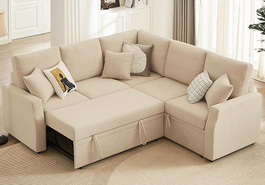 AMERLIFE 85 Inch Sofa Bed Oversized L Shape Couch with Pull Out Bed &amp Storage Seat Oversized Reversible Sleeper Sofa for Living Room Apartment Beige Linen Couch