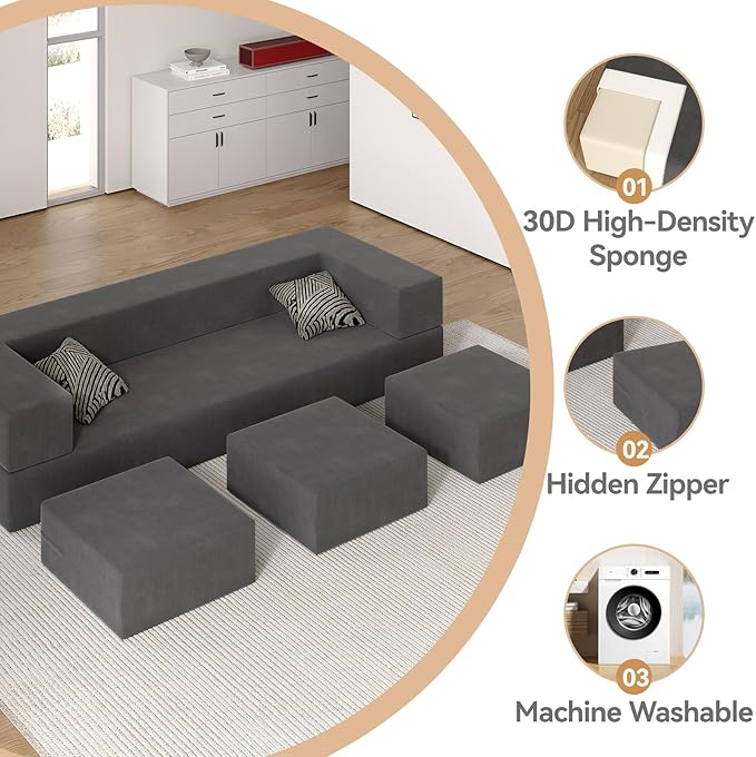 Folding Sofa Bed - Convertible Velvet Floor Couch Bed with Removable Cover 3 Ottomans Fold Out Couch Memory Foam Mattress Lazy Sofa for Dorm/Guest Room/Home Office Queen Grey
