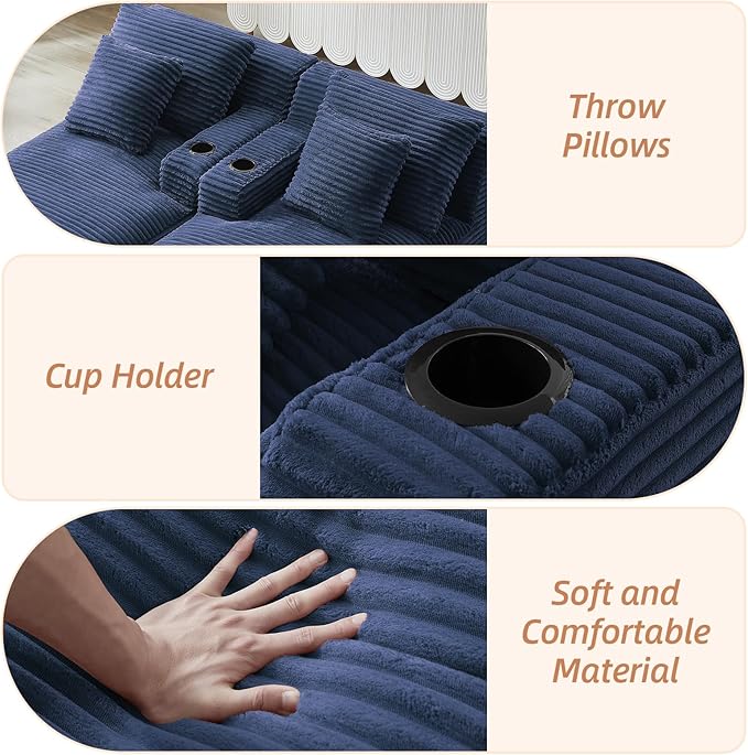Oversized Double Chaise Lounge Chair Indoor Fluffy Upholstered Corduroy Sofa Bed with Throw Pillows Comfy Sleeper Deep Seat Sectional Loveseat Sofa Couch for Living Room (Blue)