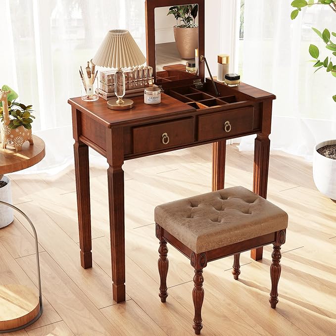 Makeup Vanity Desk Set with Flip Top Mirror 31.5 Wooden Vanity Table with Mirror Dressing Table with 2 Drawers &amp 7 Compartments Writing Desk with Padded Stool for Bedroom Cherry+Light Brown