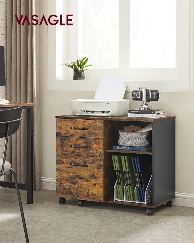 VASAGLE Lateral File Cabinet Home Office Printer Stand 3-Drawer Mobile Filing Cabinet with Open Storage Shelves for A4 Letter-Size Files Industrial Rustic Brown and Black UOFC041B01