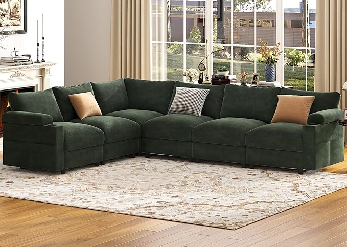 Sectional Couches for Living Room FSC Certified Velvet Modular Couch Oversized Cloud U Shaped Convertible Sleeper Sofa Chaise Detachable Armrest Cushion (Chenille Green L Shape Corner 6 Seat)