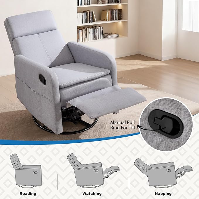 Swivel Rocking Recliner Chair for Adults Upholstered Fabric Glider Recliner Reclining Chair with Side Pockets and Double-Thick Cushion for Living Room Bedroom Nursery(LightGrey)
