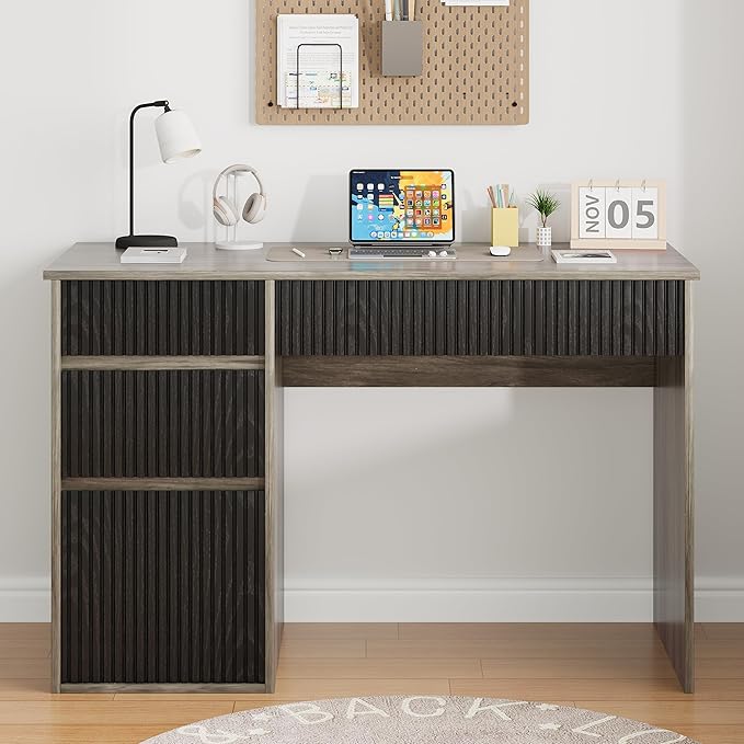 4 EVER WINNER Computer Desk with Drawers 48 Inch Small Desk with Drawers and Storage Cabinet Wood Desk with Hidden Handle for Living Room Bedroom Home Office Desk for Small Spaces Grey