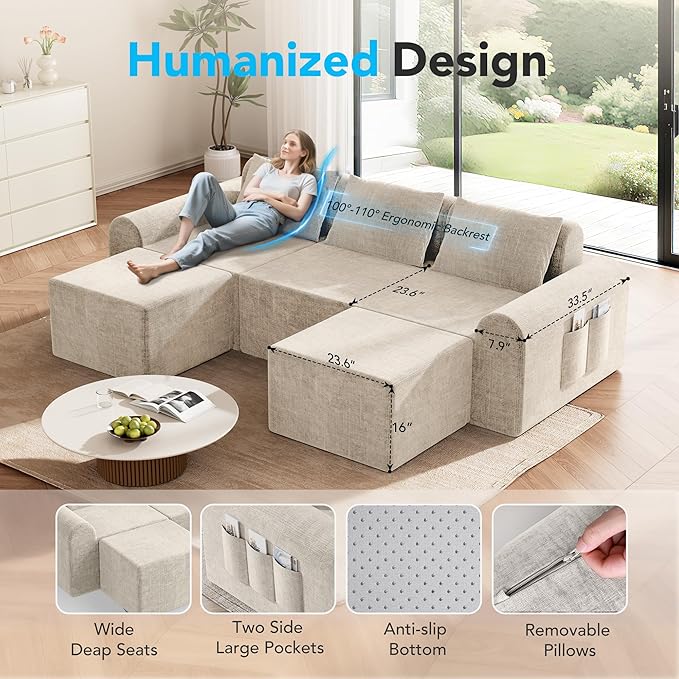 Cloud Sectional Couch with 2 Ottomans &amp 3 Pillows Boneless Couches for Living Room U Shaped Sectional Sofa Deep Seat Comfy Couch for Small Spaces No Assembly Required 72h to Restore