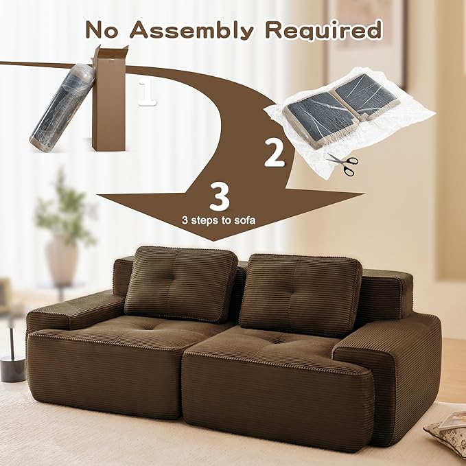 82'' Boneless Couch Modular Sectional Sofa Modern Sectional Couches for Living Room with Deep Seat Comfy Corduroy Cloud Couch Tufted Loveseat Small Sofa Couches Sleeper Sofas Brown