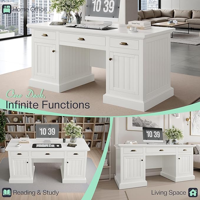 Jocisland 68 Executive Desk for Home Office &amp Study Fluted Panel Computer Table with 3 Drawers and 2 Cabinets Farmhouse Writing Desk – Pure White