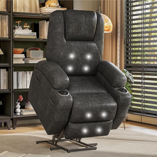 Flamaker Power Lift Recliner Chair Electric Lift Recliner for Elderly Power Lift Recliner Chair with Cup Holders Side Pockets for Living Room (Leathaire Light Black)