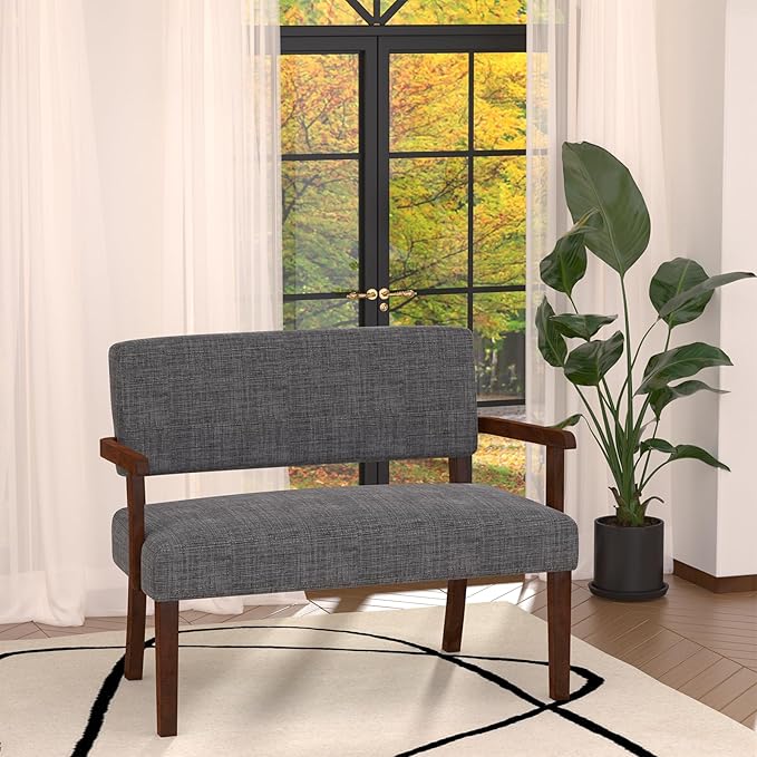 Accent Chair 2 Seat Upholstered Reading Leisure Chair Bench with Solid Wood Frame (Gray)