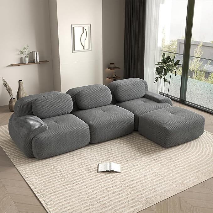 116 Modern Boneless Couches for Living Room Corduroy Cloud Couch Sectional Grey Modular Sectional Sofa 3 Seater with 1 Ottoman Sofas para Sala L Shape Sofas &amp Couches (Gray 3+1 Set)