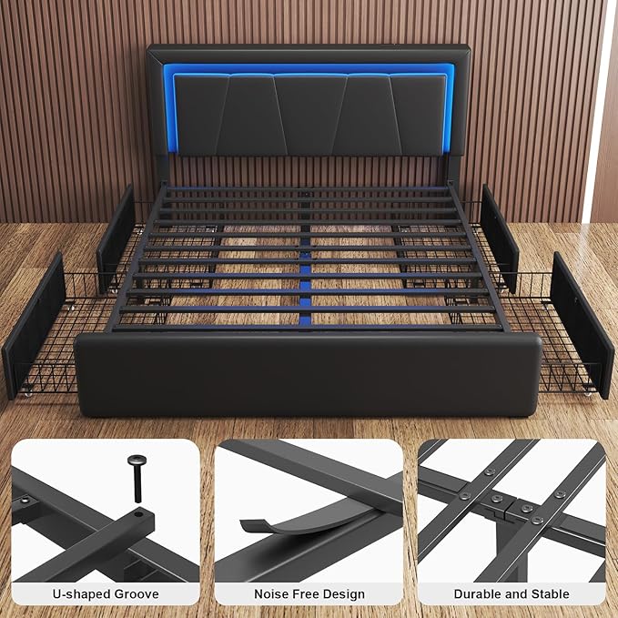 Queen Size Bed Frame with 4 Storage Drawers and LED Lights Upholstered Platform Bed with Adjustable Headboard and Charging Station Metal Slats Support No Box Spring NeededEasy Assembly Black
