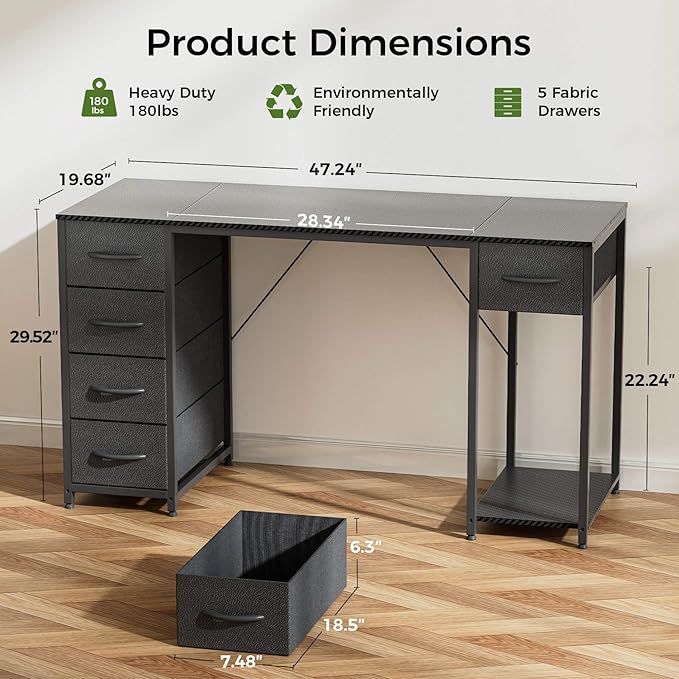 LUCKRACER Vanity Desk with 5 Fabric Drawers &amp Storage Shelves Makeup Dressing Table Computer Desks for Home Office Bedroom Black No Mirror