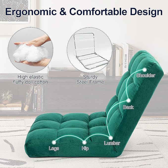 Floor Chair 24 inches Wide Oversized Velvet Armless Lay Flat Floor seat Padded Meditation Chair with 6 Adjustable Position Ergonomic Comfortable Convenient(LRSF-012-GREEN)