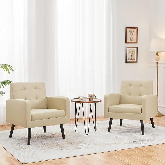 Topeakmart Mid Century Accent Chair Modern and Cozy PU Leather Barrel Sofa Chair with Thick Cushion and Sturdy Wood Legs for Living Room/Bed Room/Office Waiting Area Beige