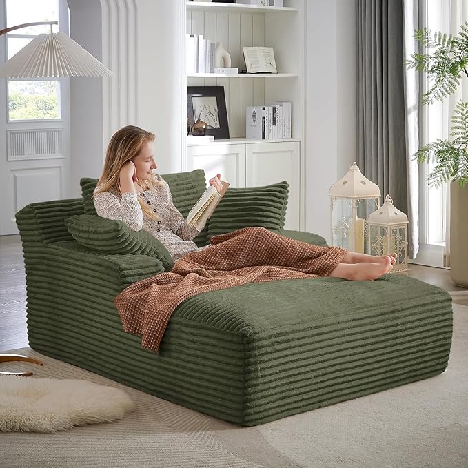 67 Inch Oversized Chaise Lounge Chair IndoorBoneless Corduroy Sofa Bed with Spring CushionDeep Seat Cloud Couch and Reading LoungerSoft Sleeper Sofa for Living RoomNo Assembly Required (Green)