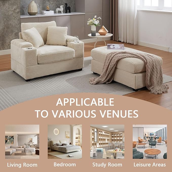 42.12” Oversized Accent Chair with Ottoman &amp Armrest Storage Modern Corduroy Reading Chair with Cup Holder &amp Pillow Comfy Upholstered Deep Seat Armchair for Living Room Bedroom(Beige)