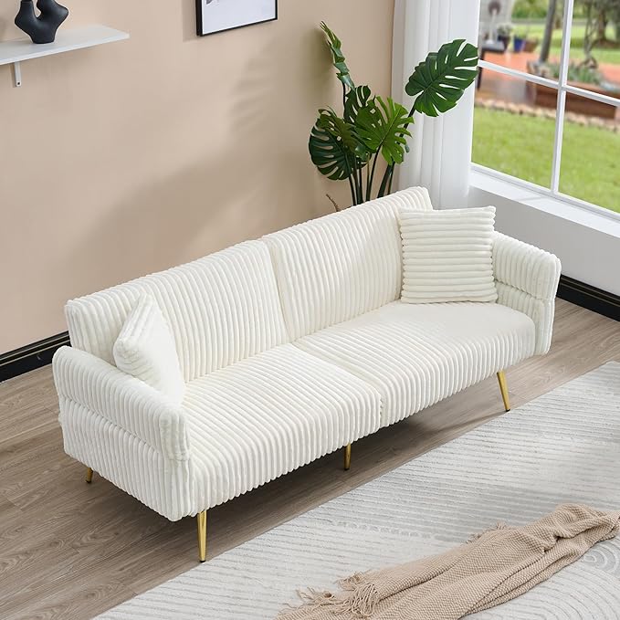 73 Convertible Futon Sofa BedComfy Teddy Fabric Sleeper Couch with 3 Reclining BackrestsGolden Chrome LegsModern Cloud Sofa Loveseat for Small Living Room Office (White-Corduroy)