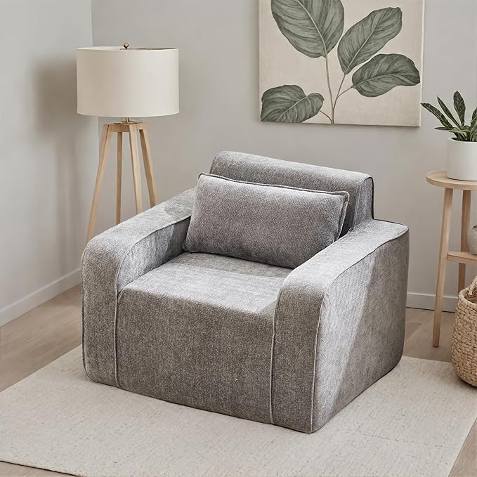 Accent Chair Set of 2 42'' Wide Oversized Boneless Sofa Chenille Mid Century Modern Armchair for Living Room Bedroom Comfy Accent Chair Single Sofa Gray
