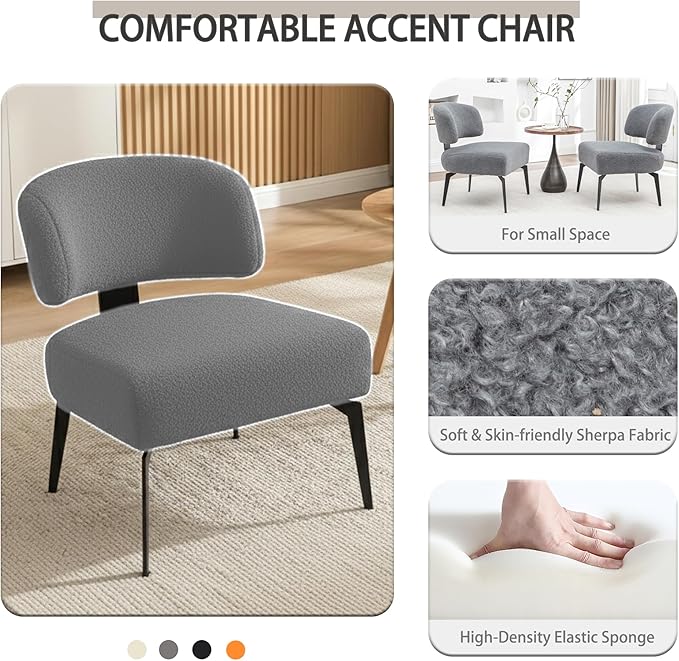 Modern Sherpa Accent Chair Set of 2 Round Boucle Upholstered Barrel Arm Chair for Small Spaces Fluffy Side Corner Sofa Chair for Living Room Bedroom Vanity Office Reading Room(Grey)