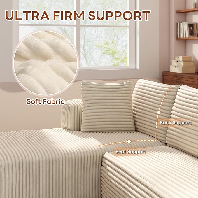 No-Assembly Cloud Sectional Sofa with L-Shaped Chaise Modern Modular Design for Living Room Features Deep Seat and Plush Corduroy Fabric Effortless Setup for Instant ComfortBeige