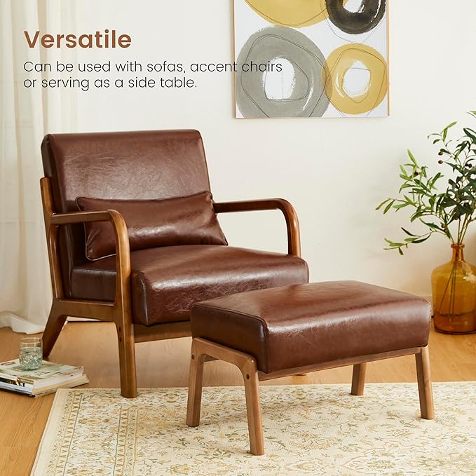 Glitzhome Rectangle Ottoman Bench Modern Coffee Leatherette Footstool with Walnut Rubberwood Legs for Living Room Bedroom