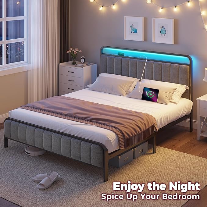 Rolanstar Full Size Bed Frame with LED Light and Charging Station Upholstered Headboard and Footboard Metal Slat Noise Free Easy Assembly Dark Gray