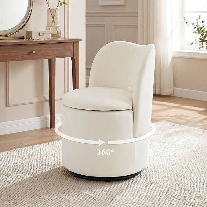 Swivel Velvet Vanity Chair with Storage Upholstered Vanity Stool with Back Sherpa Vanity Stool Chair Round Makeup Chair Swivel Accent Chair Barrel Armchair Soft Padded Seat for Living Room Bedroom