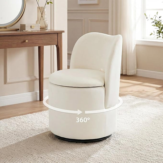 Swivel Velvet Vanity Chair with Storage Upholstered Vanity Stool with Back Sherpa Vanity Stool Chair Round Makeup Chair Swivel Accent Chair Barrel Armchair Soft Padded Seat for Living Room Bedroom