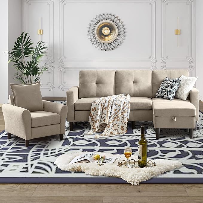 2 Piece Convertible Sectional Sofa Set 3-Seat L Shaped Couch with Storage Ottoman Side Pocket Single Seat Accent Chair Set for Small Spaces Polyester Fibre Beige