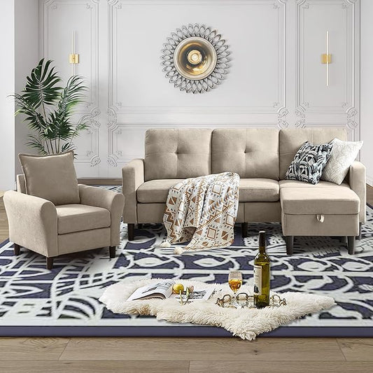 2 Piece Convertible Sectional Sofa Set 3-Seat L Shaped Couch with Storage Ottoman Side Pocket Single Seat Accent Chair Set for Small Spaces Polyester Fibre Beige