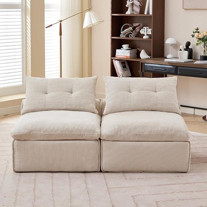 2 Seats Modular Sectional Couches with Neck Pillow &amp Backrest Chenille Armless Upholstered Loveseat Sofa Chair for Living Room Apartment At Will DIY (Beige)