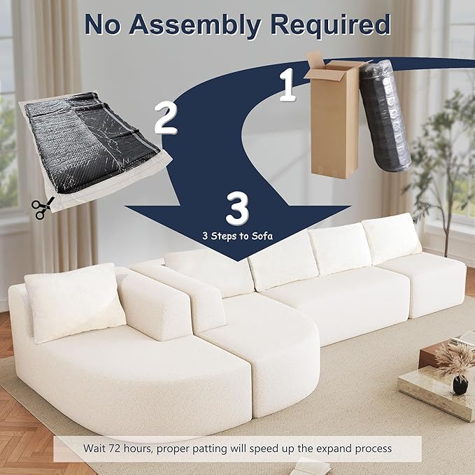 144 Oversized Sectional Sofa with Chaise Lounge Boneless Couches for Living Room Modern Luxury Chenille 5-Seater Sofa Deep Seat U-Shape Curved Cloud Couch No Assembly Required (White)