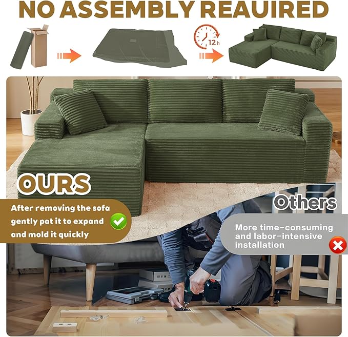 103'' Boneless Cloud Couches for Living Room Corduroy L Shaped Modular Sectional Sofa Couch W/Deep Seat &amp High-Back Comfy Memory Foam Couch Sofa in A Box (Saga Green Left Facing Chaise)