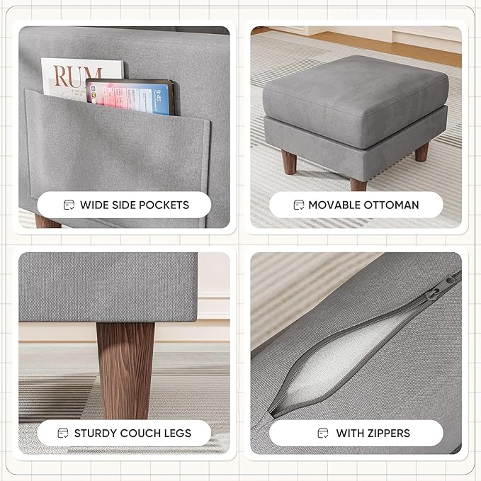 Homall Convertible Sectional Sofa 3 Seat L Shaped Couch with Side Storage Pocket Sofas with Movable Ottoman Small Linen Couches for Living Room &amp Apartment (Linen Fabric Light Grey)