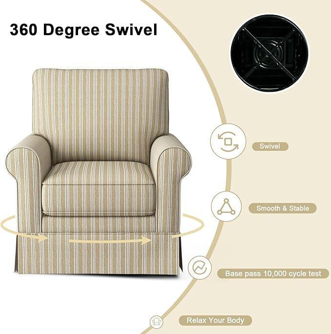 INZOY Swivel Accent Chair Linen Mid Century Modern Chair Comfy Swivel Barrel Reading Chair Upholstered Square Chair for Living Room Bedroom Small Spaces Fully Assembled Brown Stripe